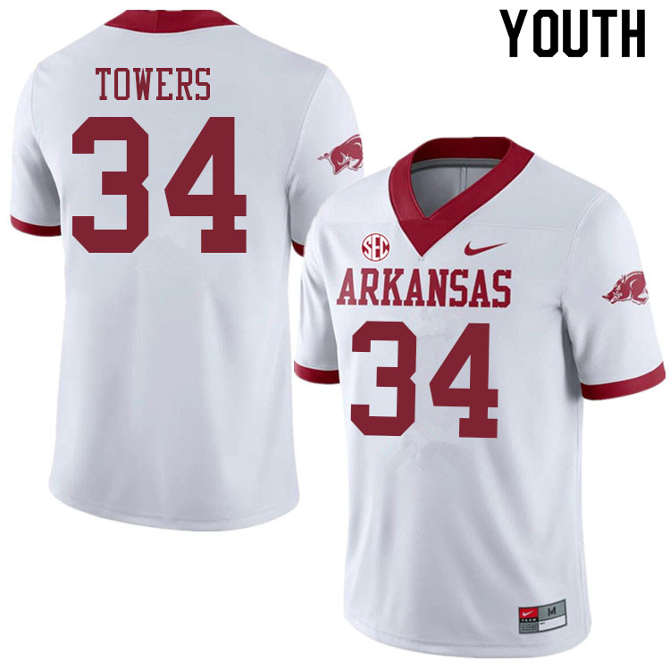 Youth #34 J.T. Towers Arkansas Razorbacks College Football Jerseys Sale-Alternate White - Click Image to Close